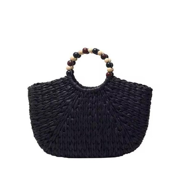 Handmade Woven Straw Bag with Wooden Bead Handles | Vacation Beach Bag| Gift - Picture 1 of 10
